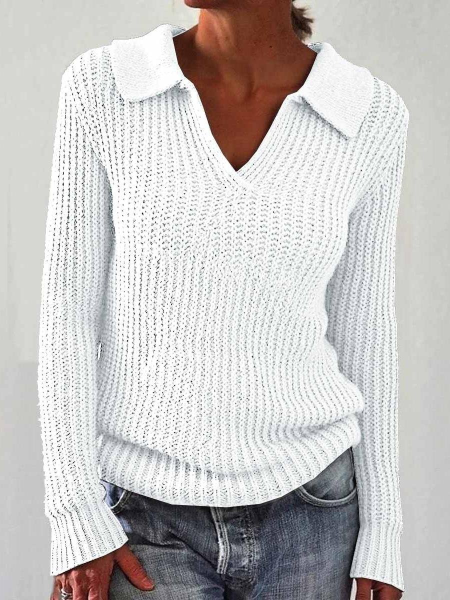 Women's Solid Color Long Sleeve Sweater Lapel Slim Fit Vintage Knit Top