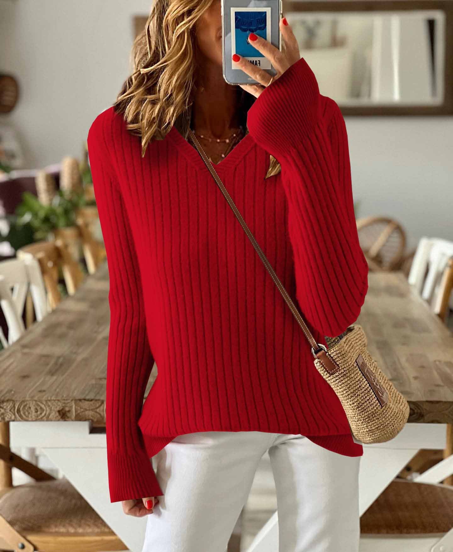 Women's Solid Color Long-Sleeved Temperament Knitted V-Neck Inner Sweater Versatile Fashion Slim Fit
