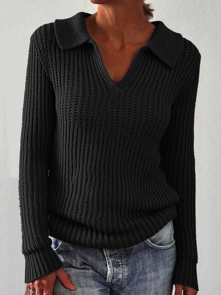 Women's Solid Color Long Sleeve Sweater Lapel Slim Fit Vintage Knit Top