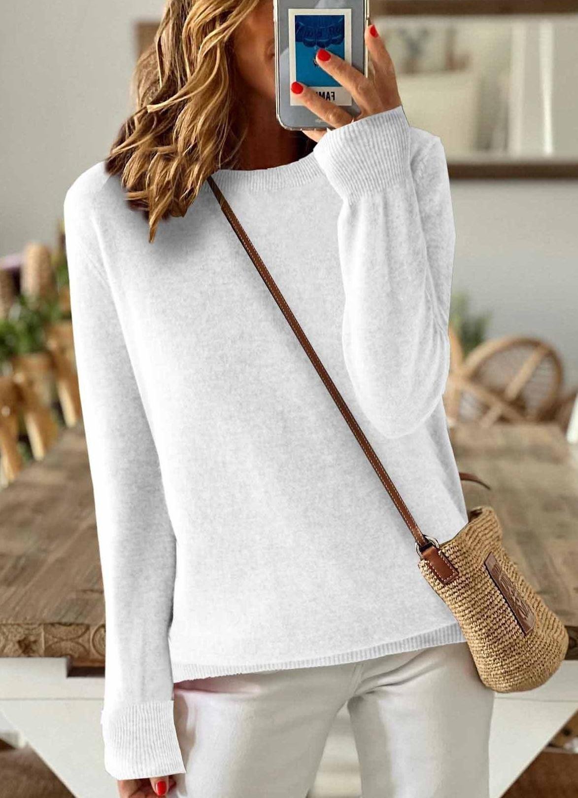 Women's Solid Color Long-Sleeved Round Neck Pullover Thin Knitted Bottoming Shirt