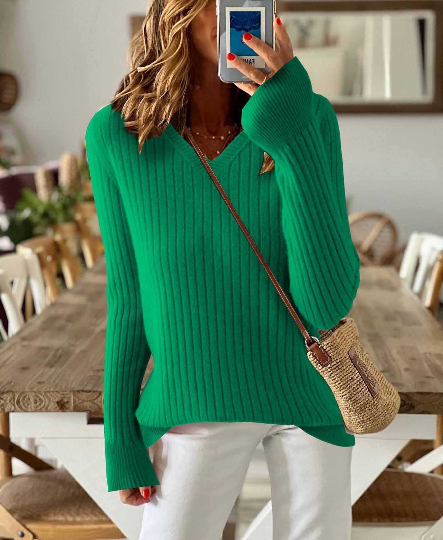 Women's Solid Color Long-Sleeved Temperament Knitted V-Neck Inner Sweater Versatile Fashion Slim Fit