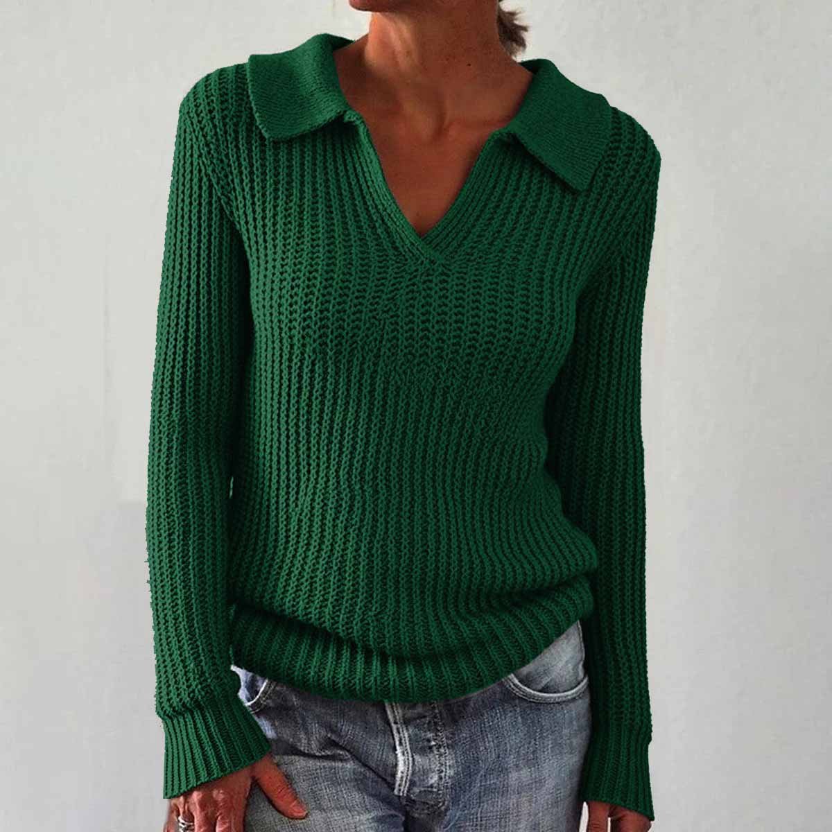Women's Solid Color Long Sleeve Sweater Lapel Slim Fit Vintage Knit Top