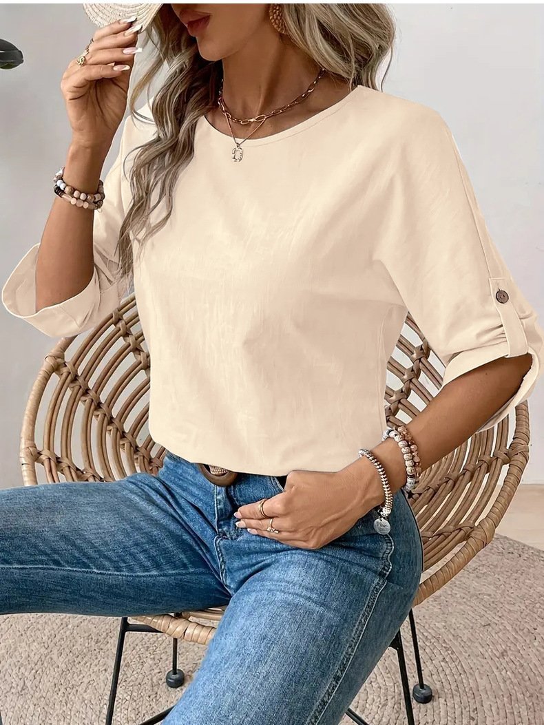 Women Plain Crew Neck Casual Long Sleeve T-shirt
