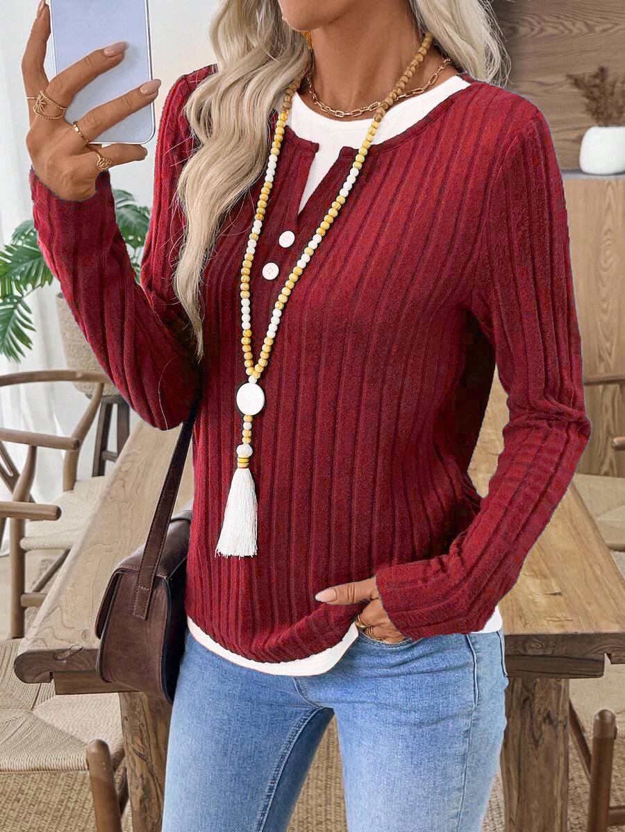 Women Plain V Neck Casual Long Sleeve T-shirt