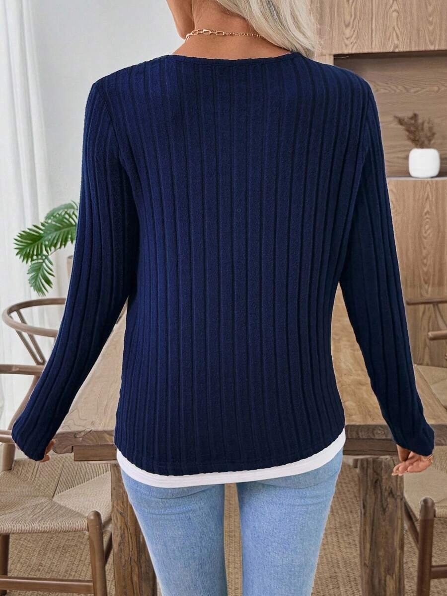 Women Plain V Neck Casual Long Sleeve T-shirt
