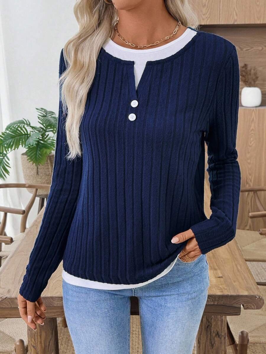 Women Plain V Neck Casual Long Sleeve T-shirt