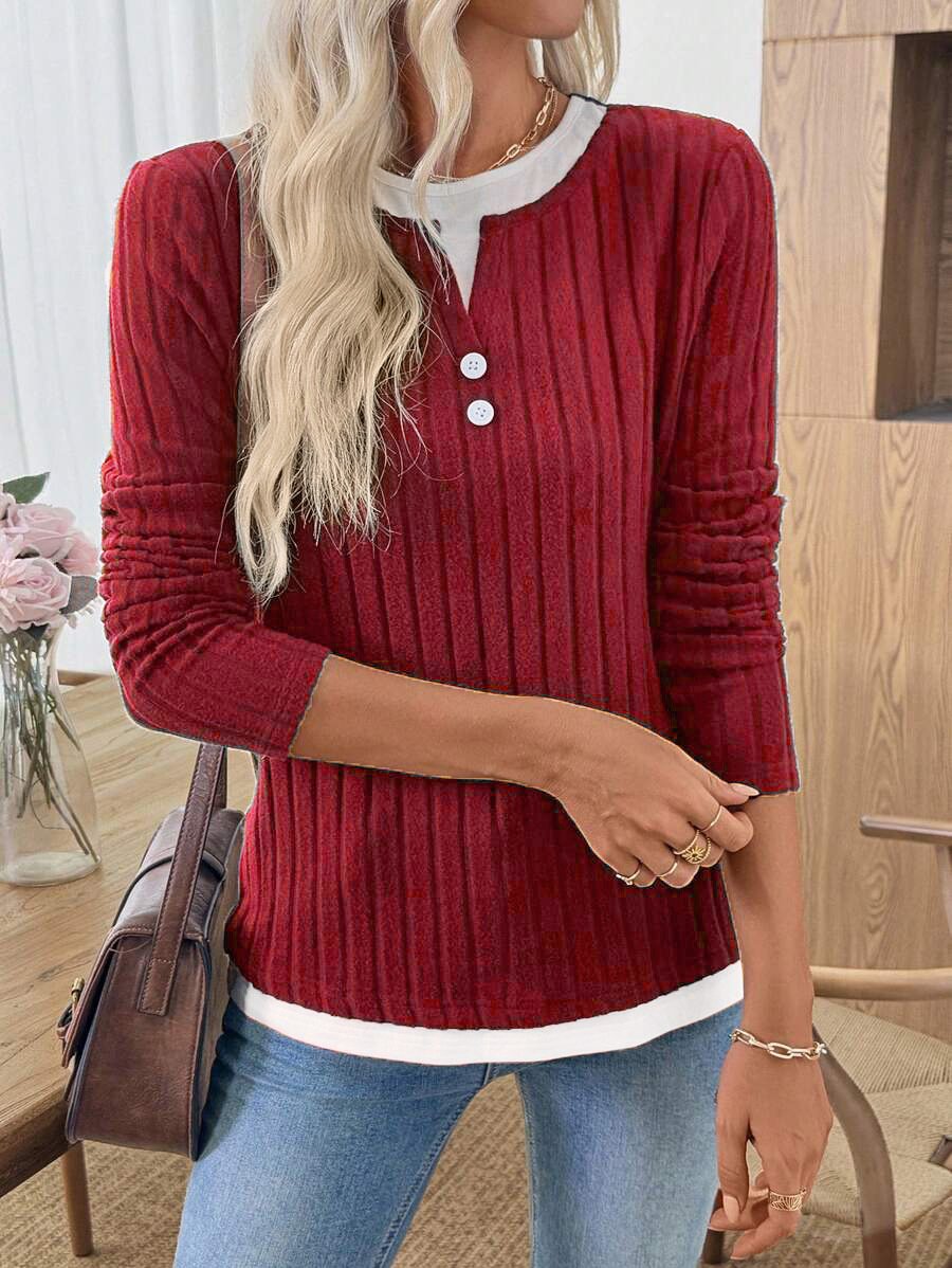 Women Plain V Neck Casual Long Sleeve T-shirt