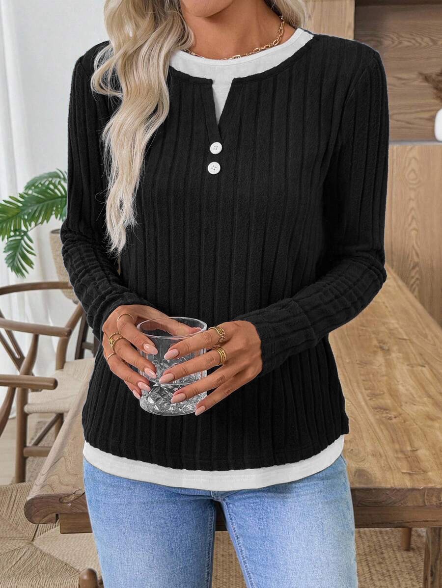 Women Plain V Neck Casual Long Sleeve T-shirt