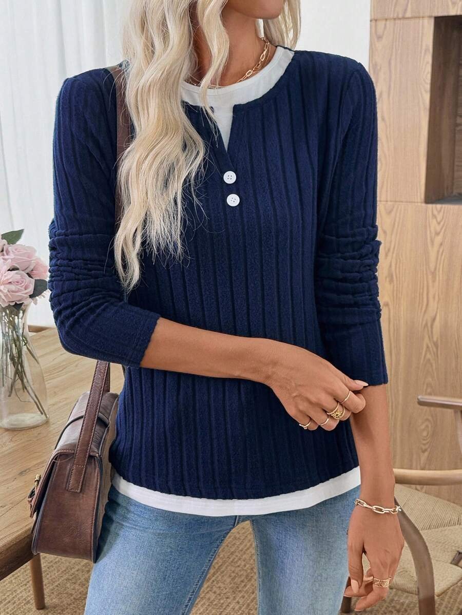 Women Plain V Neck Casual Long Sleeve T-shirt