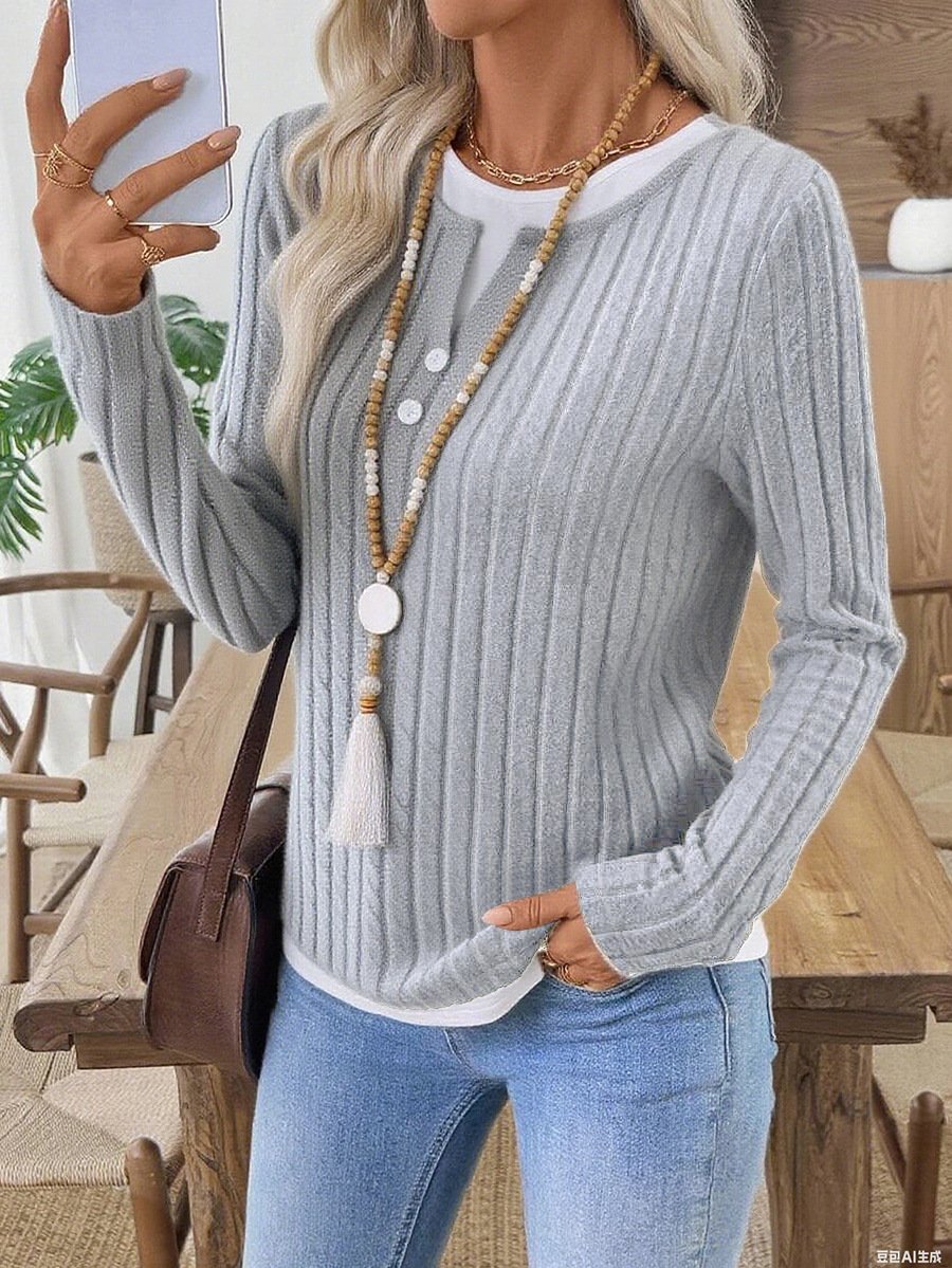 Women Plain V Neck Casual Long Sleeve T-shirt