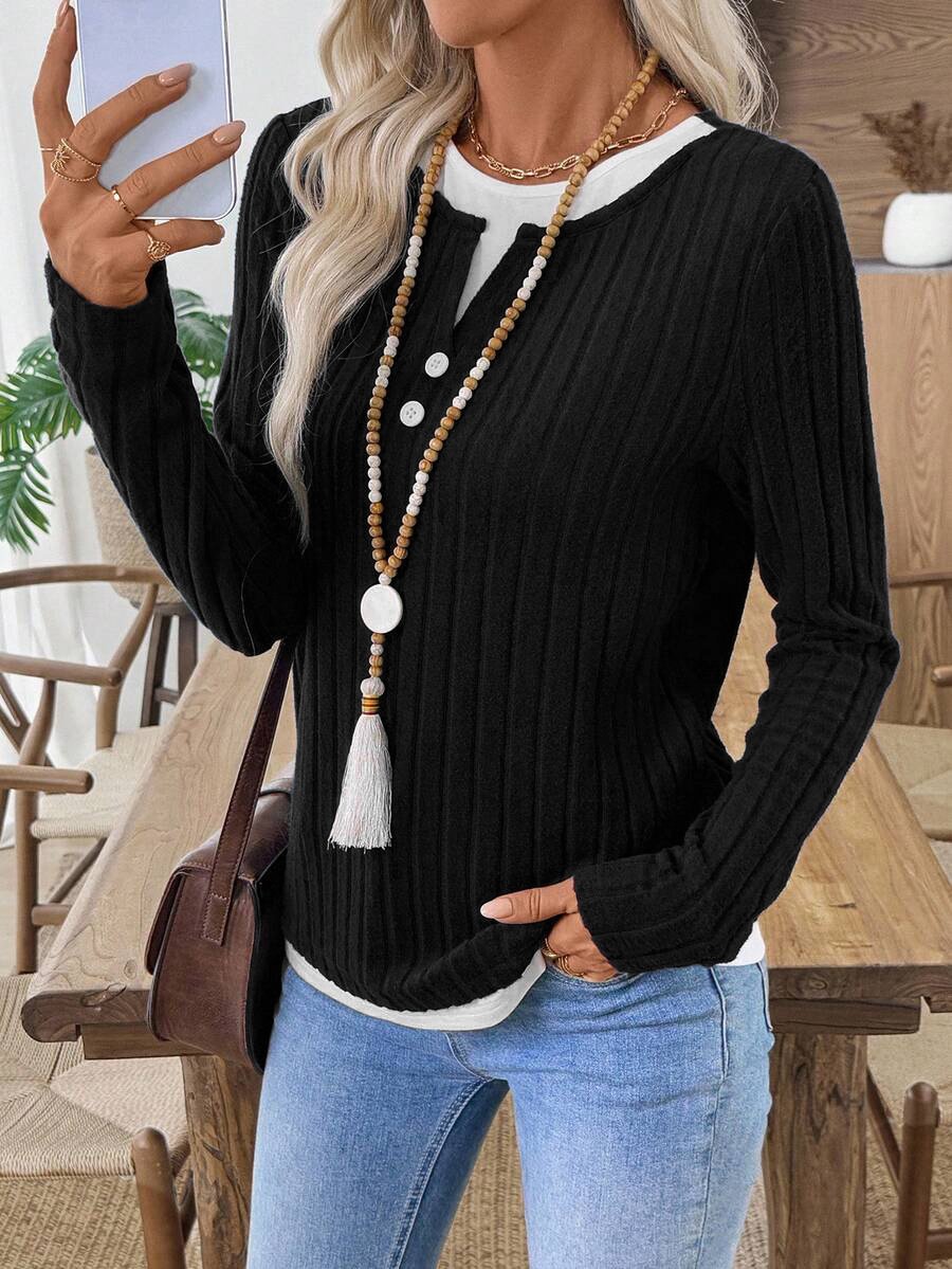 Women Plain V Neck Casual Long Sleeve T-shirt
