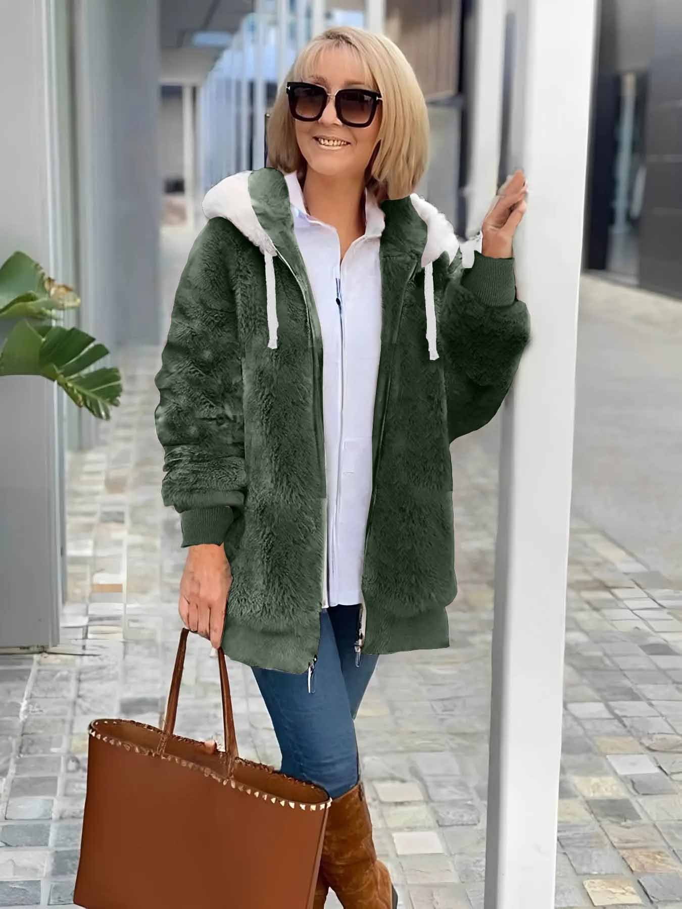 Women's autumn and winter warm plush patchwork zipper pocket hooded loose thick coat