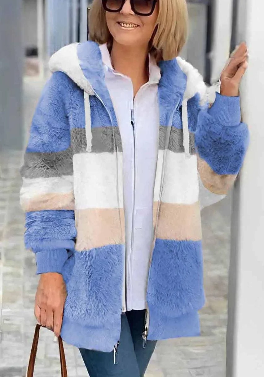 Women's Autumn And Winter Warm Plush Patchwork Zipper Pocket Hooded Loose Thick Coat