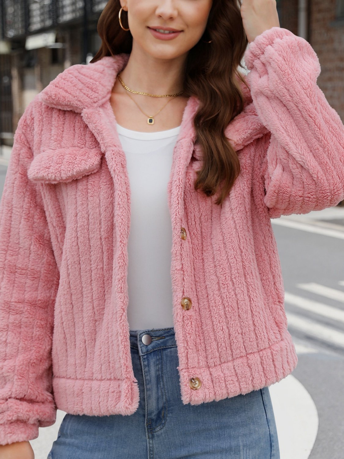 Autumn And Winter New Style Fur Plush Cardigan Lapel Short Buckle Regular Fit Coat