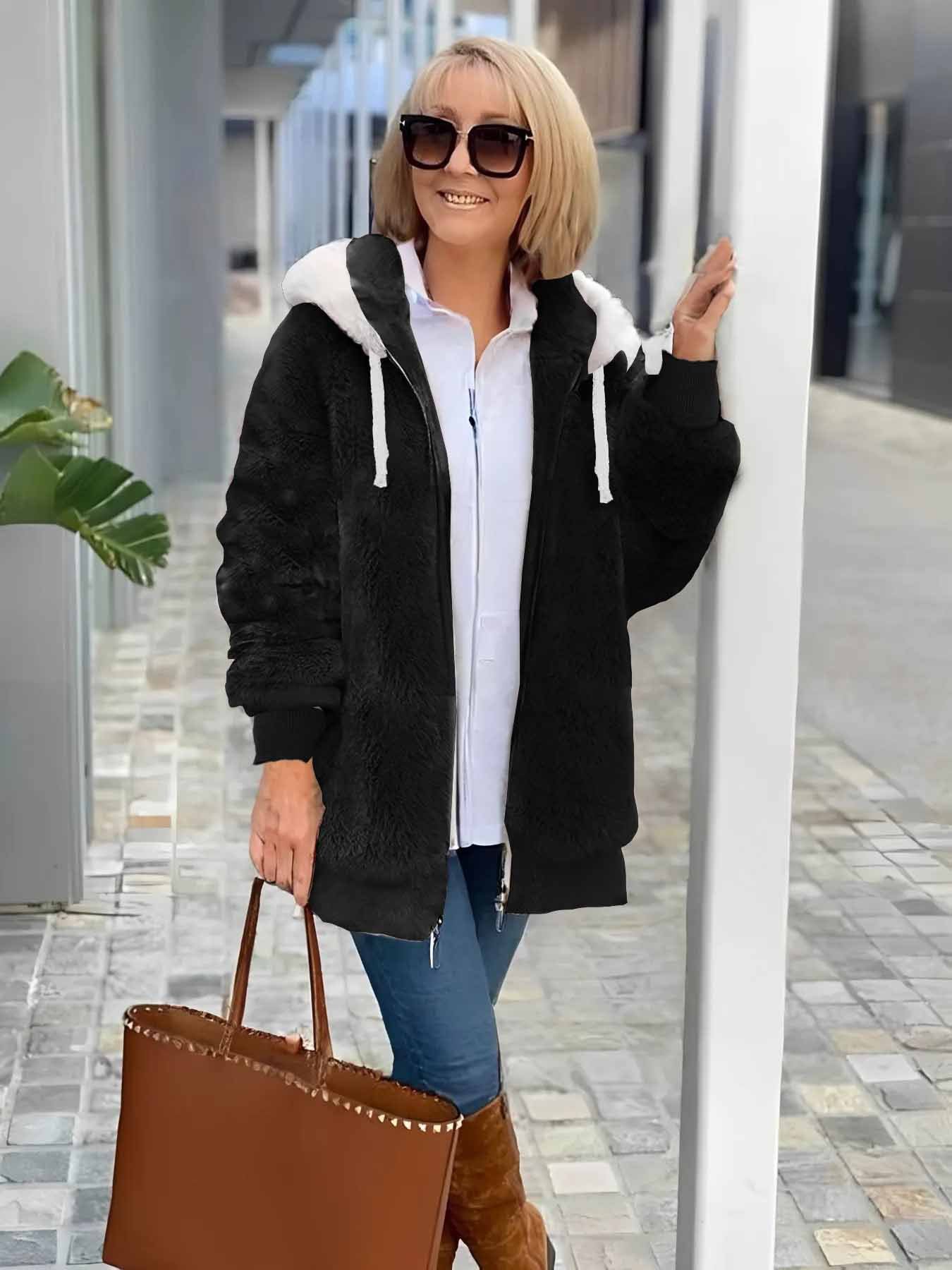 Women's autumn and winter warm plush patchwork zipper pocket hooded loose thick coat