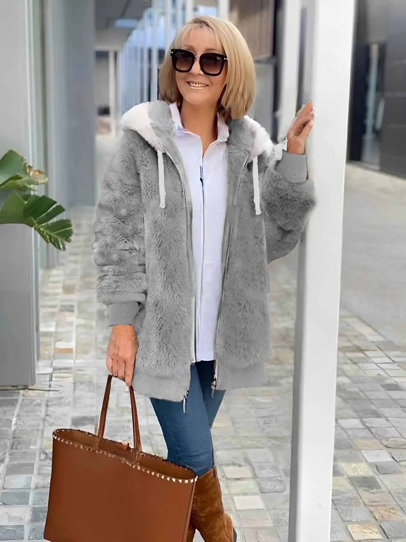 Women's autumn and winter warm plush patchwork zipper pocket hooded loose thick coat