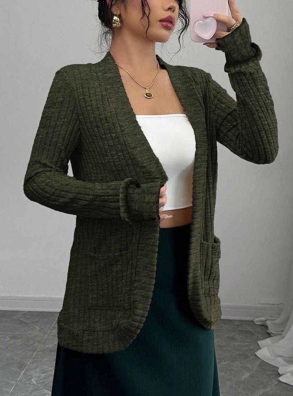 Women's Solid Color Cardigan Ribbed Brushed Stitching Long-Sleeved Jacket