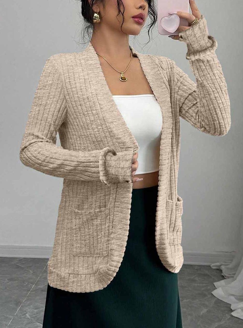 Women's Solid Color Cardigan Ribbed Brushed Stitching Long-Sleeved Jacket