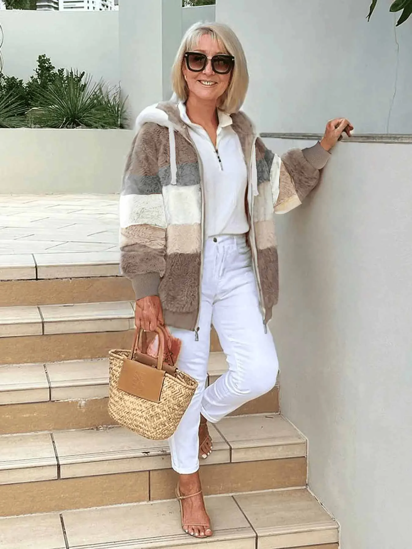 Women's Autumn And Winter Warm Plush Patchwork Zipper Pocket Hooded Loose Thick Coat