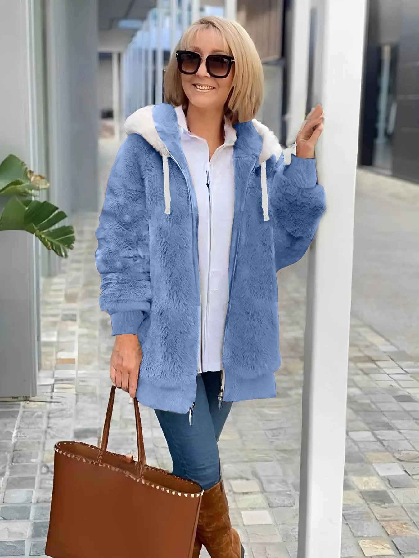 Women's autumn and winter warm plush patchwork zipper pocket hooded loose thick coat