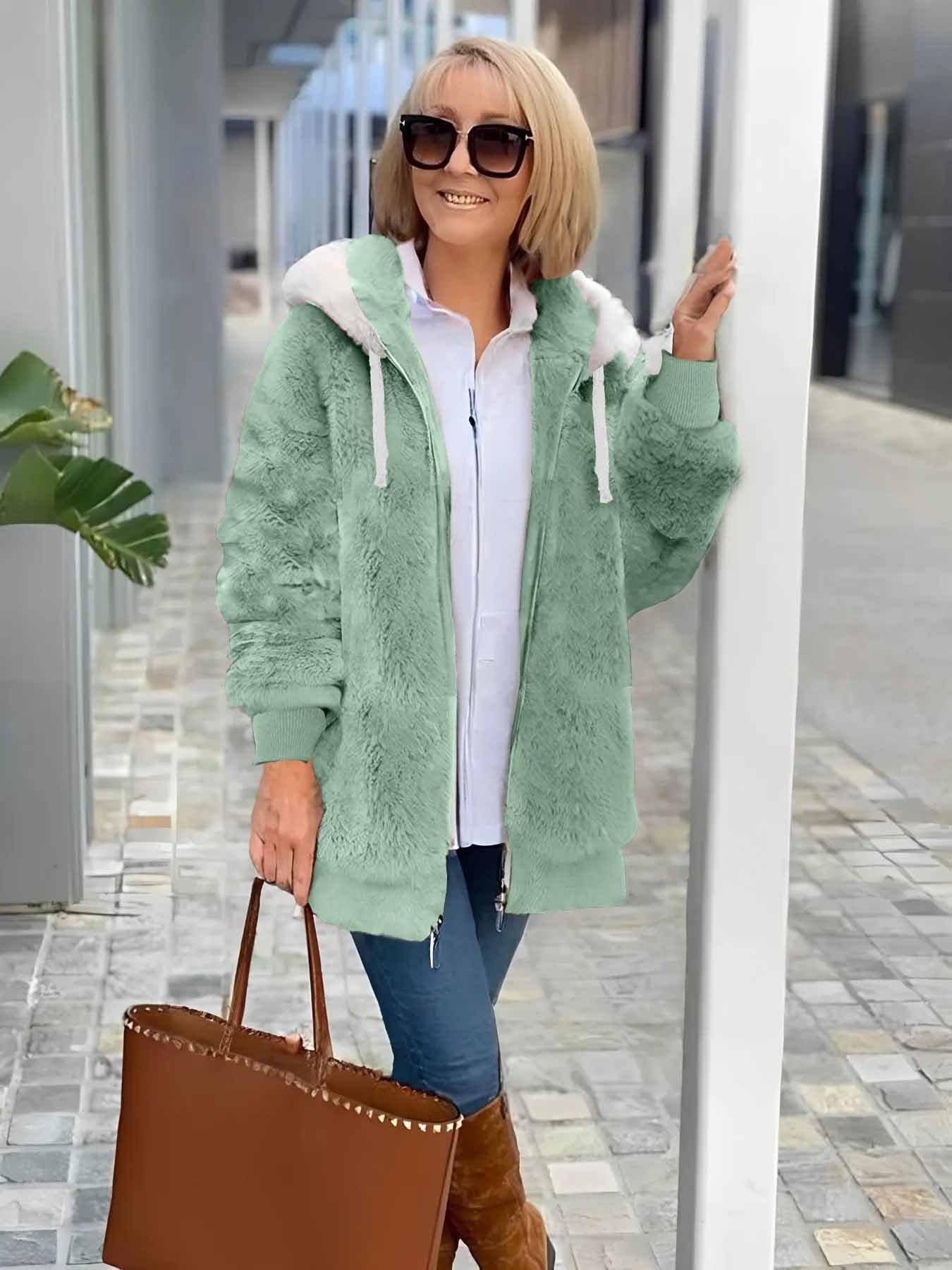 Women's autumn and winter warm plush patchwork zipper pocket hooded loose thick coat