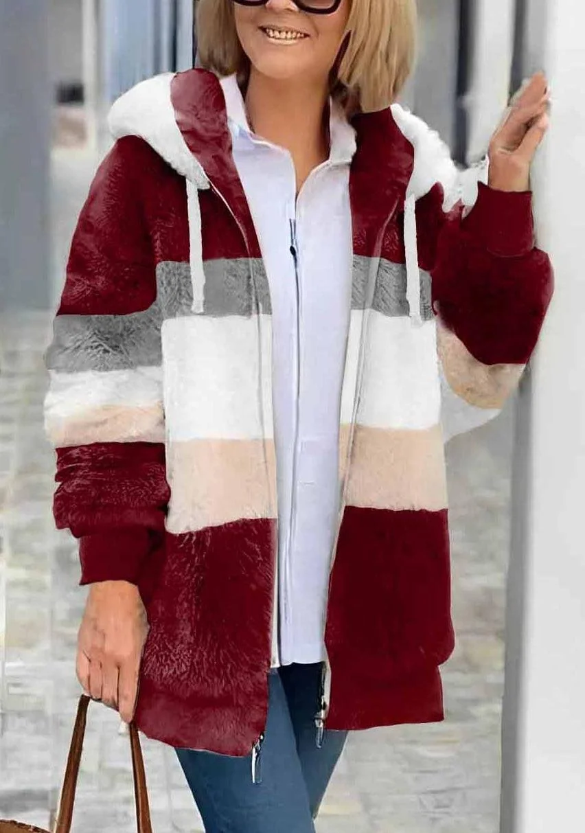 Women's Autumn And Winter Warm Plush Patchwork Zipper Pocket Hooded Loose Thick Coat