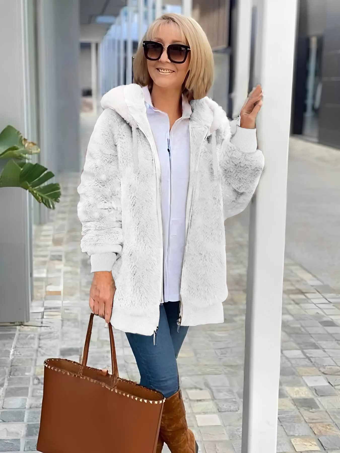 Women's autumn and winter warm plush patchwork zipper pocket hooded loose thick coat