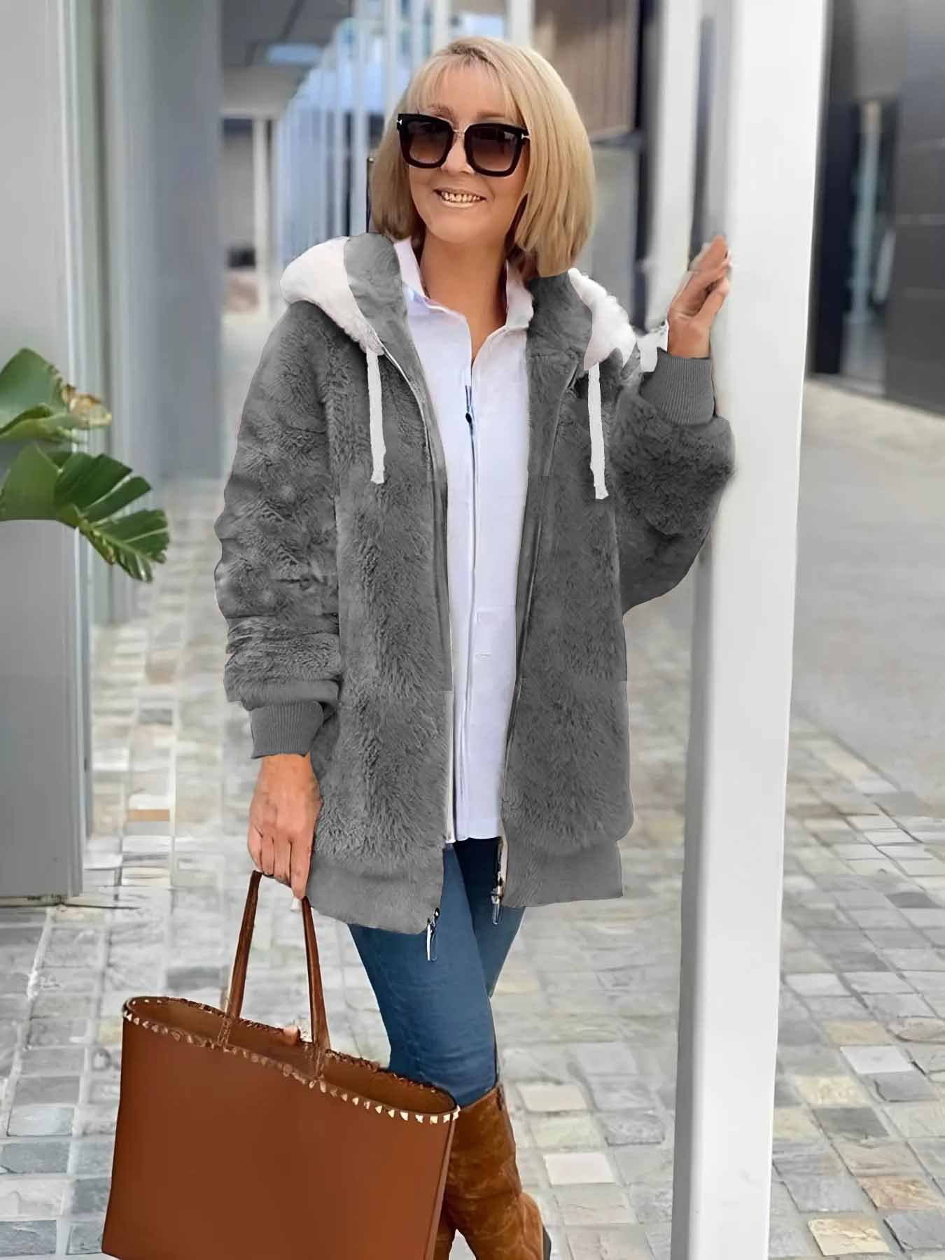 Women's autumn and winter warm plush patchwork zipper pocket hooded loose thick coat