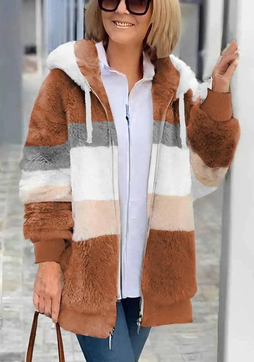 Women's Autumn And Winter Warm Plush Patchwork Zipper Pocket Hooded Loose Thick Coat