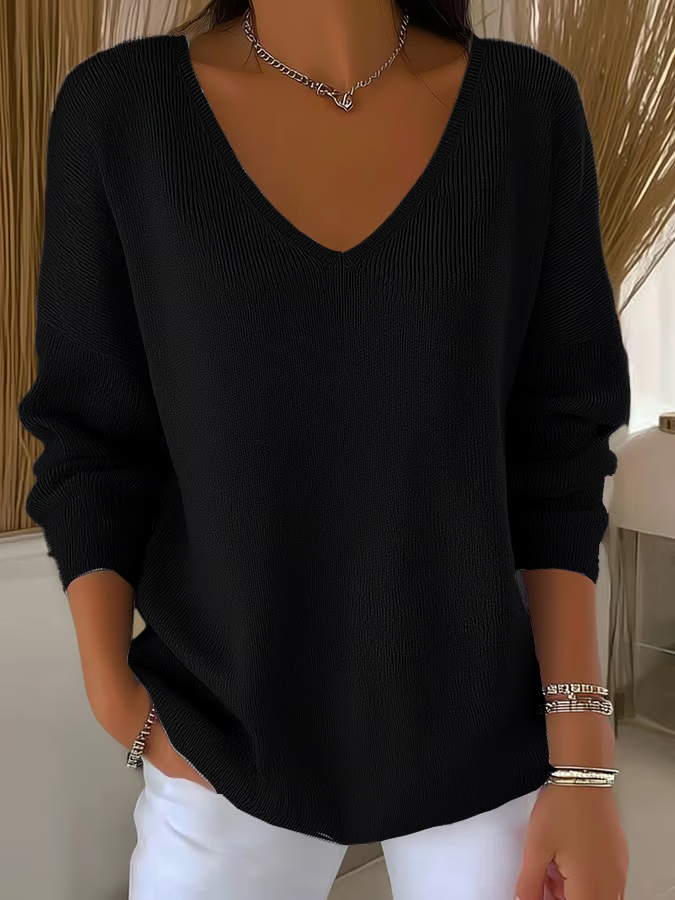 Women Plain V Neck Casual Long Sleeve T-shirt