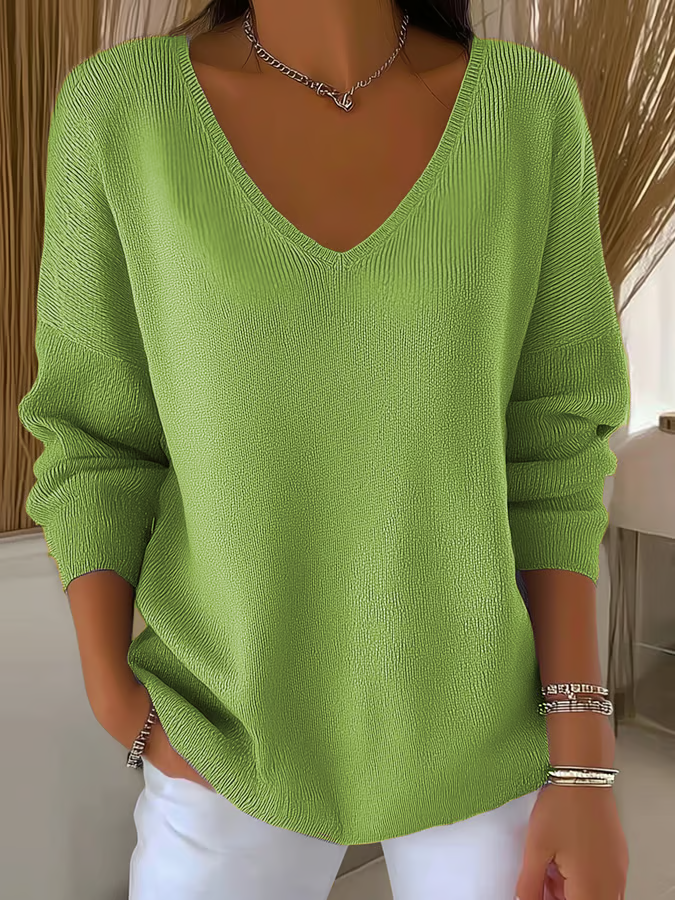 Women Plain V Neck Casual Long Sleeve T-shirt