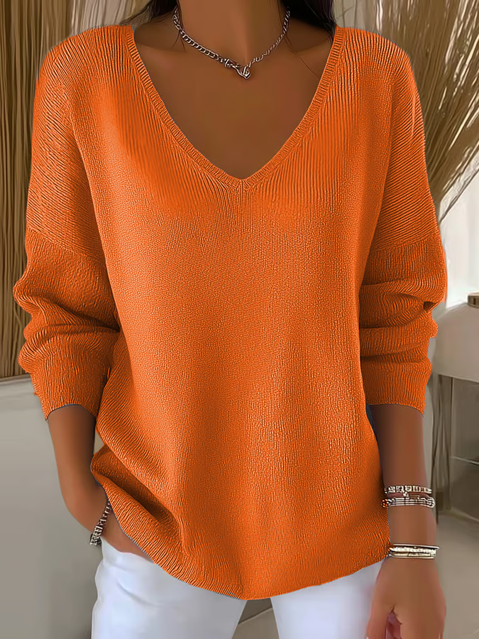 Women Plain V Neck Casual Long Sleeve T-shirt