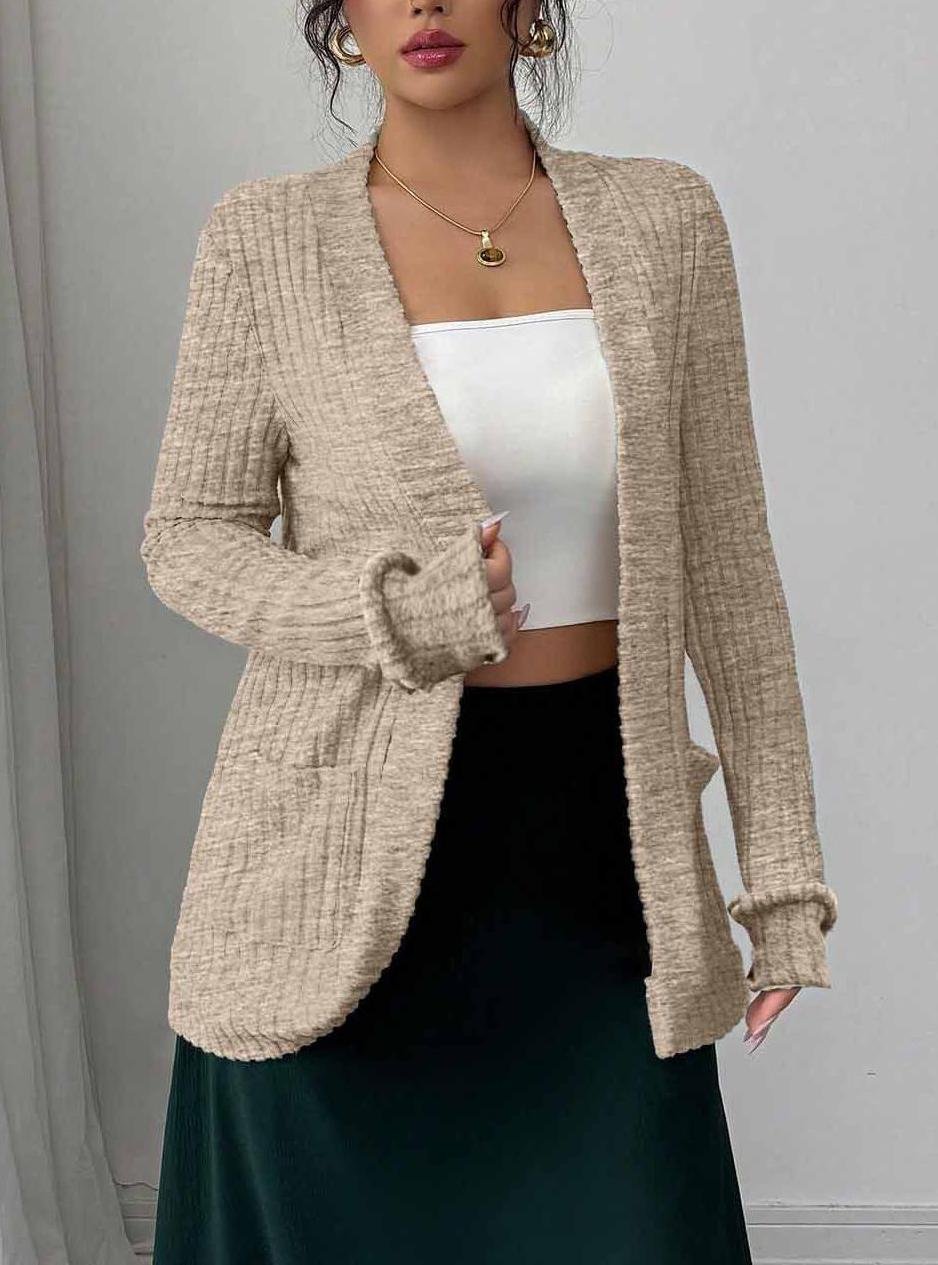 Women's Solid Color Cardigan Ribbed Brushed Stitching Long-Sleeved Jacket