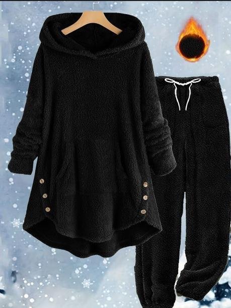Loose Casual Solid Color Plush Hooded Long-Sleeved Trousers Two-Piece Suit
