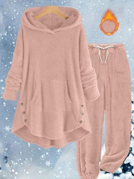 Loose Casual Solid Color Plush Hooded Long-Sleeved Trousers Two-Piece Suit