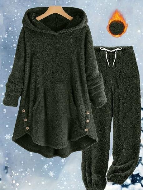 Loose Casual Solid Color Plush Hooded Long-Sleeved Trousers Two-Piece Suit