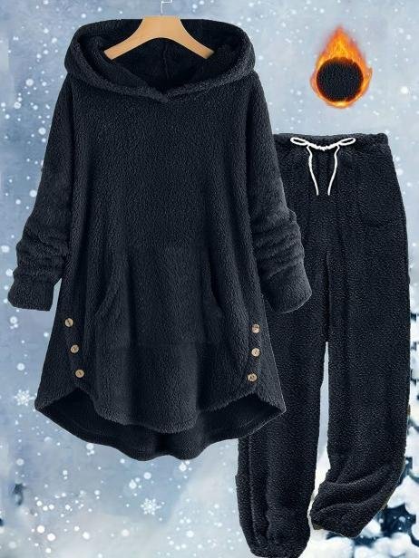 Loose Casual Solid Color Plush Hooded Long-Sleeved Trousers Two-Piece Suit