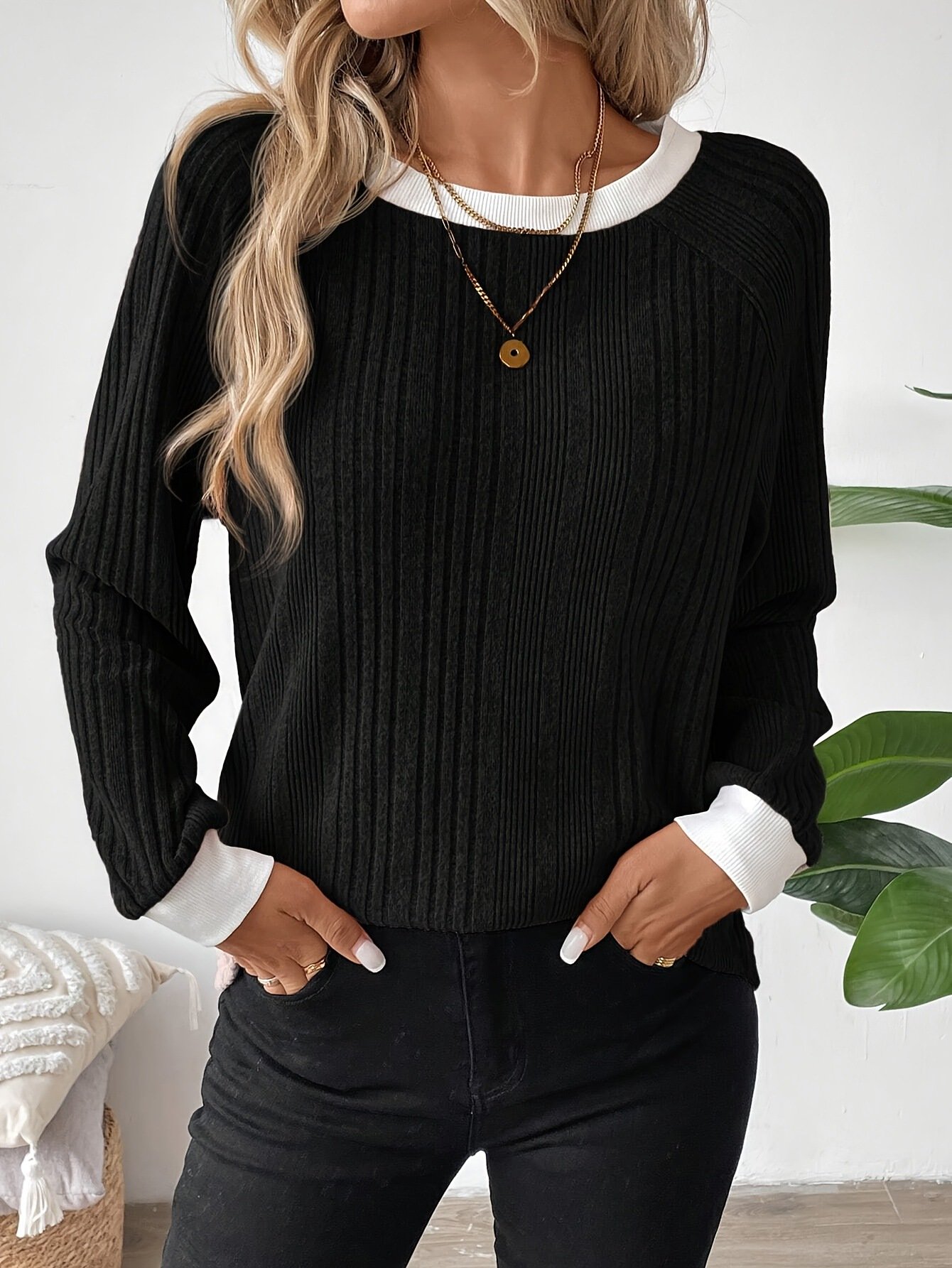 Women Plain Crew Neck Casual Long Sleeve T-shirt