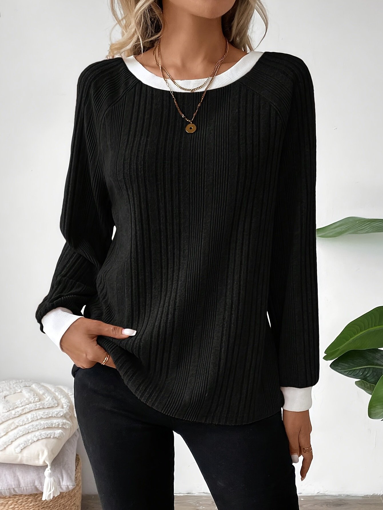 Women Plain Crew Neck Casual Long Sleeve T-shirt