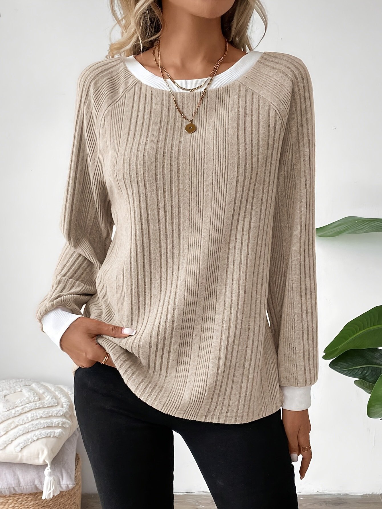 Women Plain Crew Neck Casual Long Sleeve T-shirt