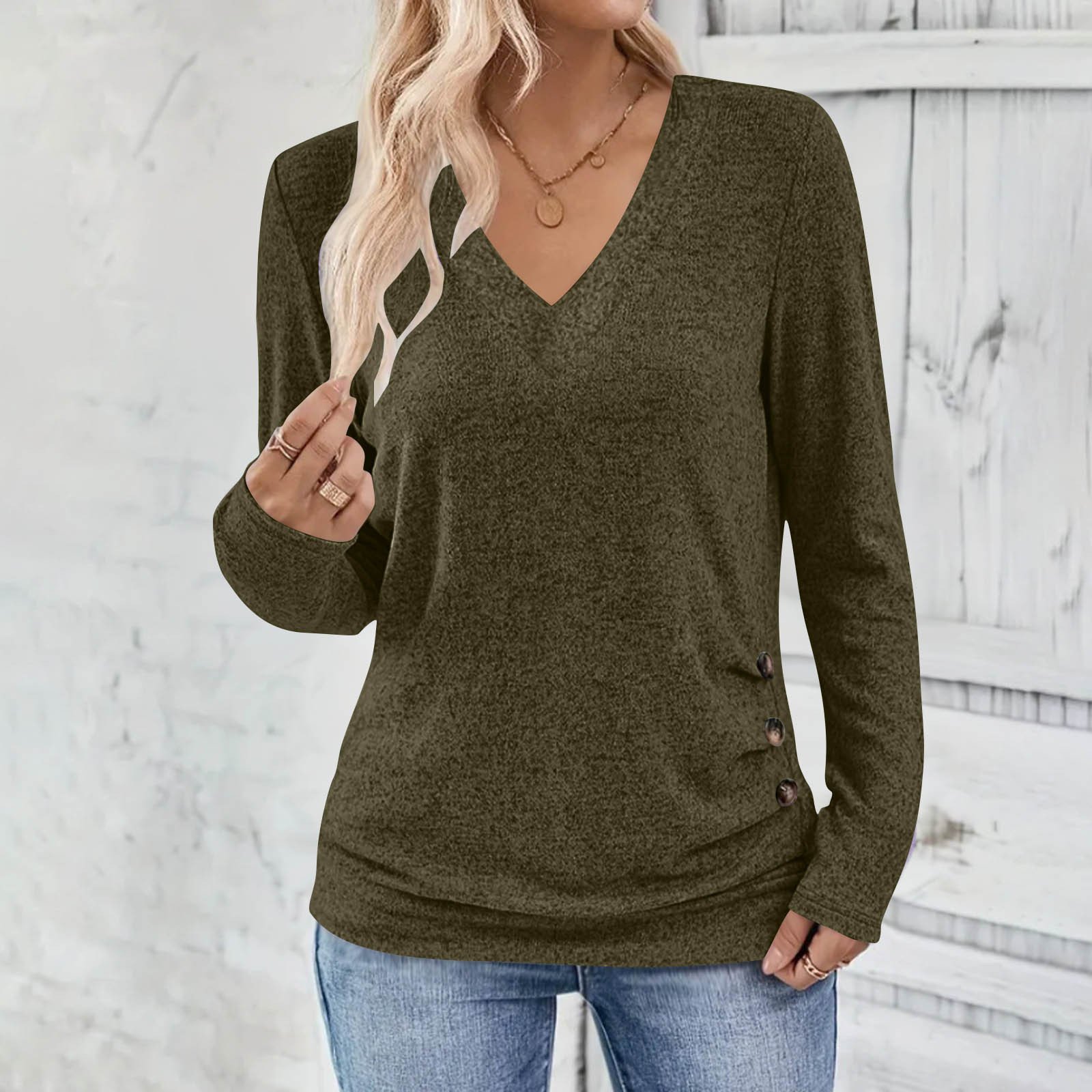 Women Plain V Neck Casual Long Sleeve T-shirt