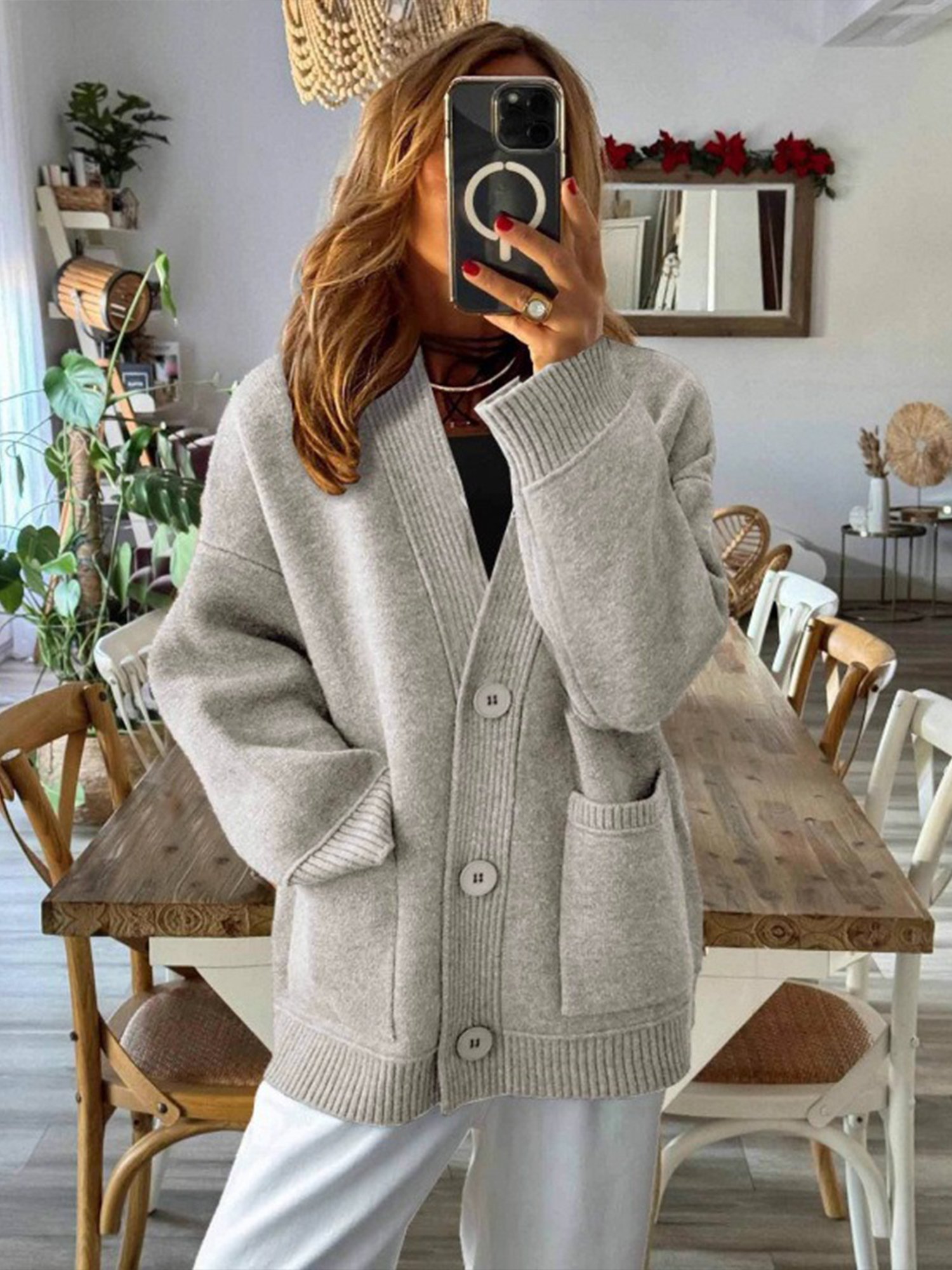 Casual Plain V Neck Cardigan