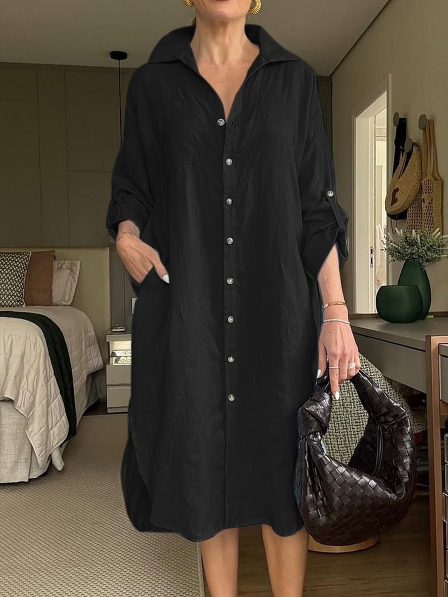 Casual Plain Shirt Collar Midi Dress