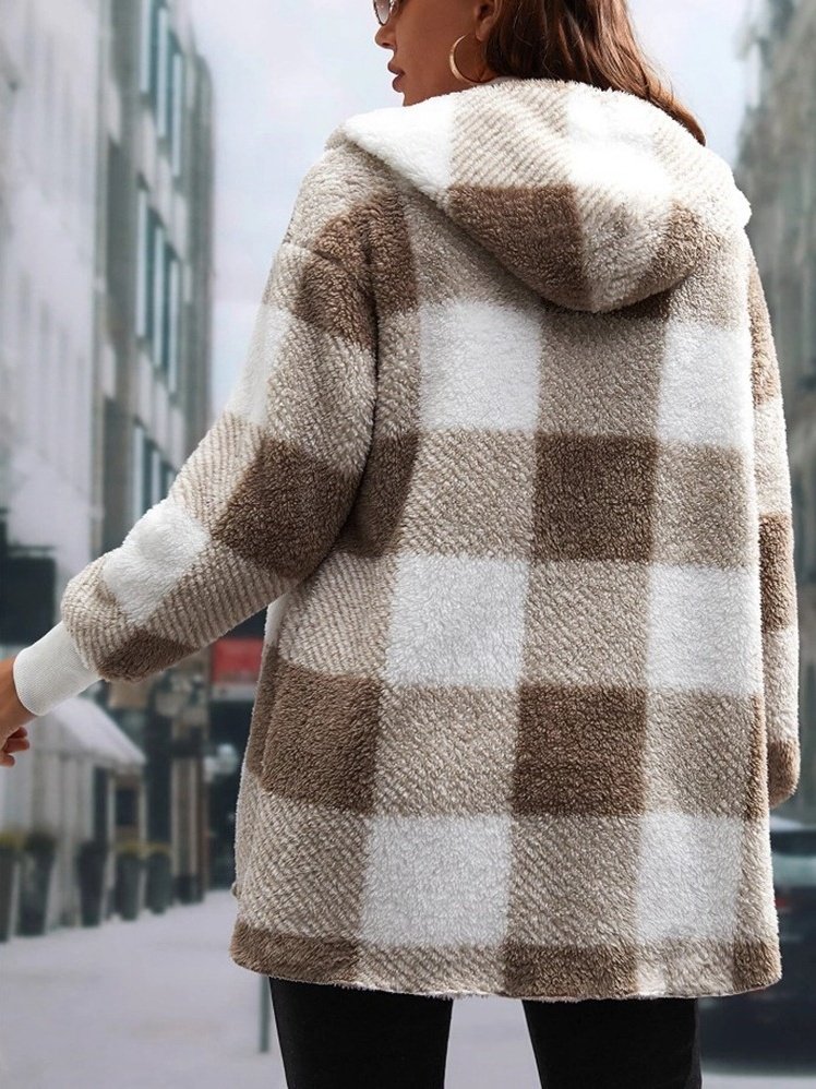 Plaid Urban Pocket Stitching Hooded Jacket