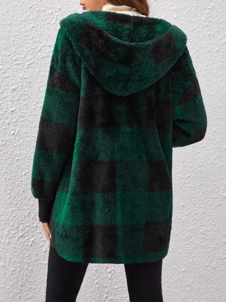 Plaid Urban Pocket Stitching Hooded Jacket