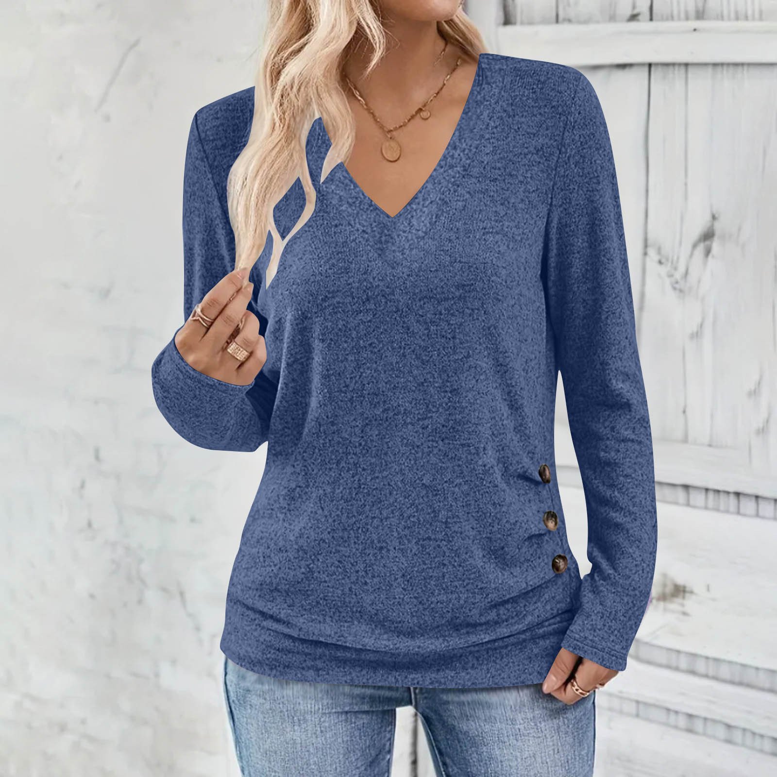 Women Plain V Neck Casual Long Sleeve T-shirt