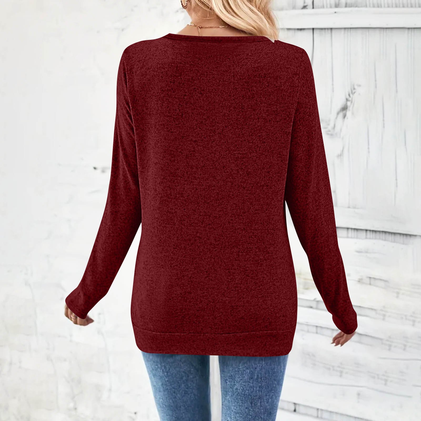 Women Plain V Neck Casual Long Sleeve T-shirt