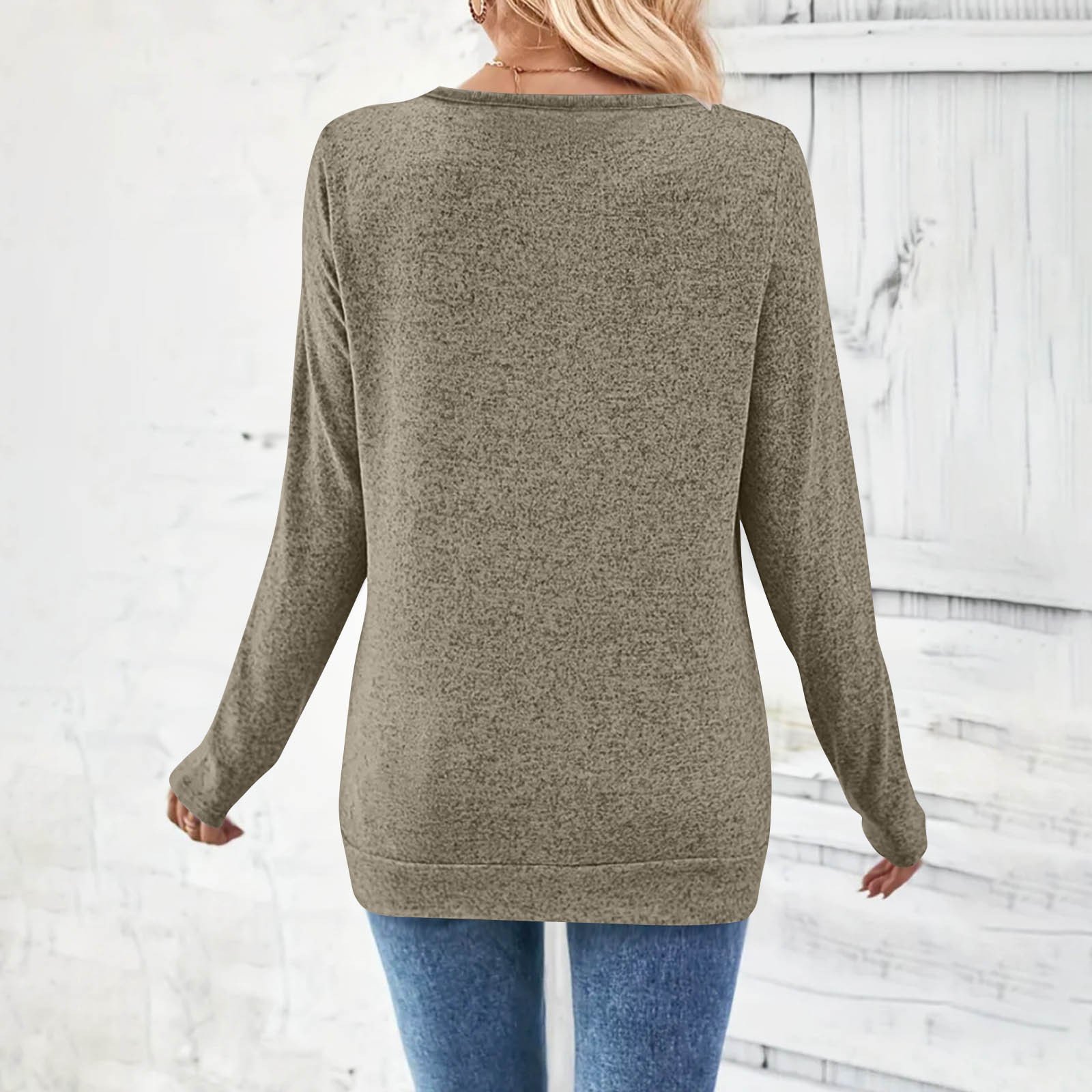 Women Plain V Neck Casual Long Sleeve T-shirt