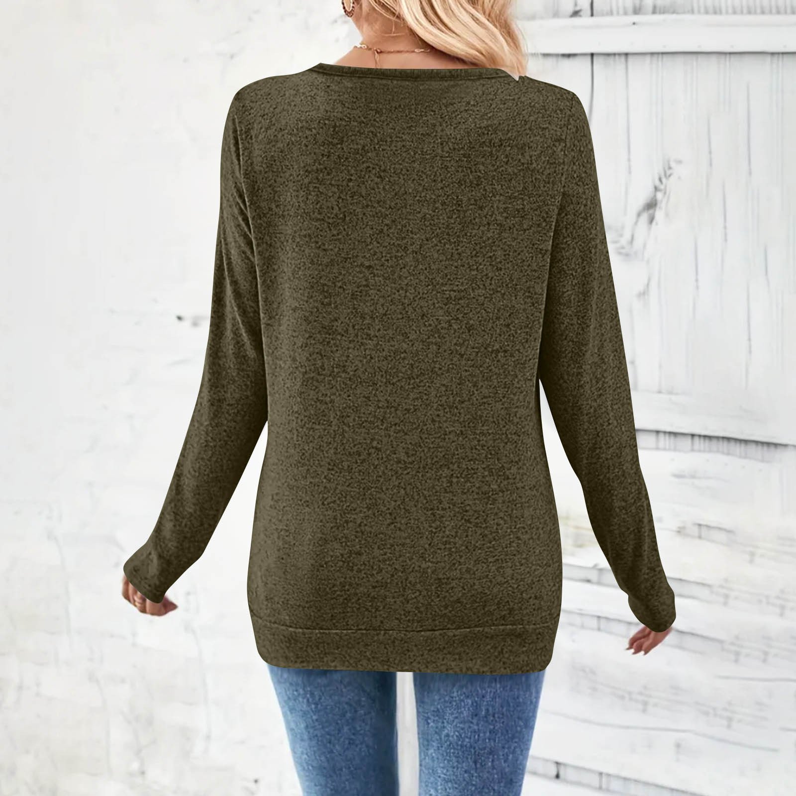 Women Plain V Neck Casual Long Sleeve T-shirt