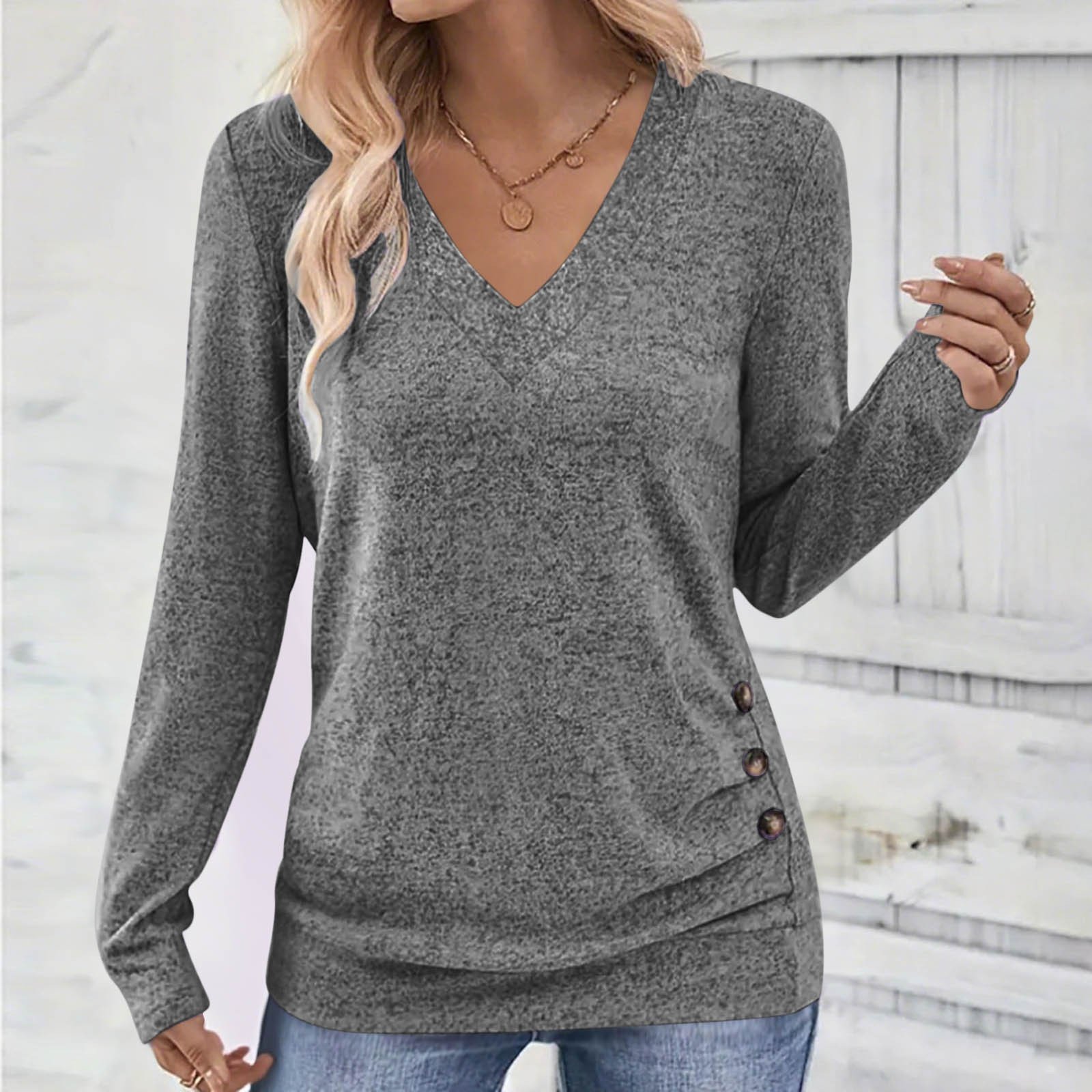 Women Plain V Neck Casual Long Sleeve T-shirt